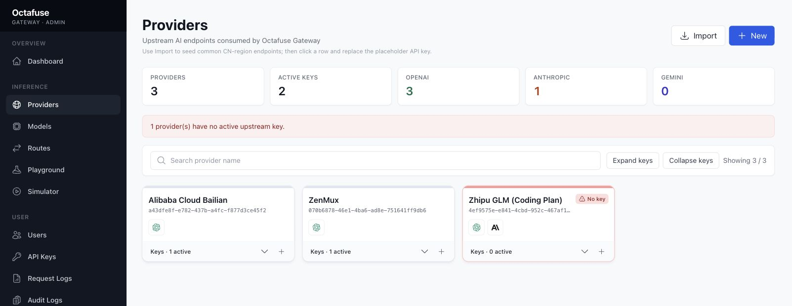 OctaFuse Admin Providers 页面展示供应商统计、搜索、导入和供应商卡片。