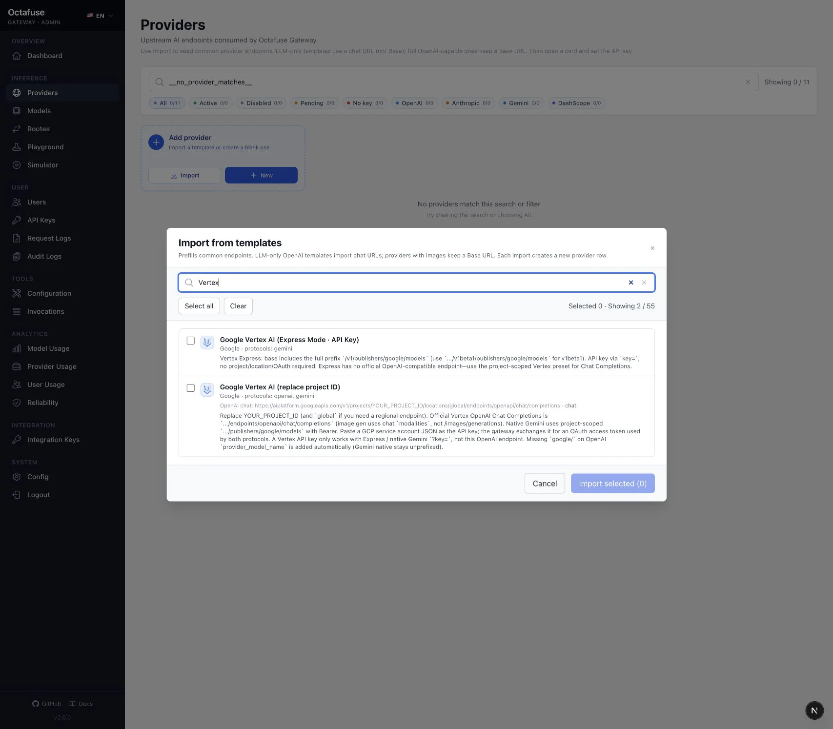 OctaFuse Provider 模板目录筛选出两种 Google Vertex AI 接入方式