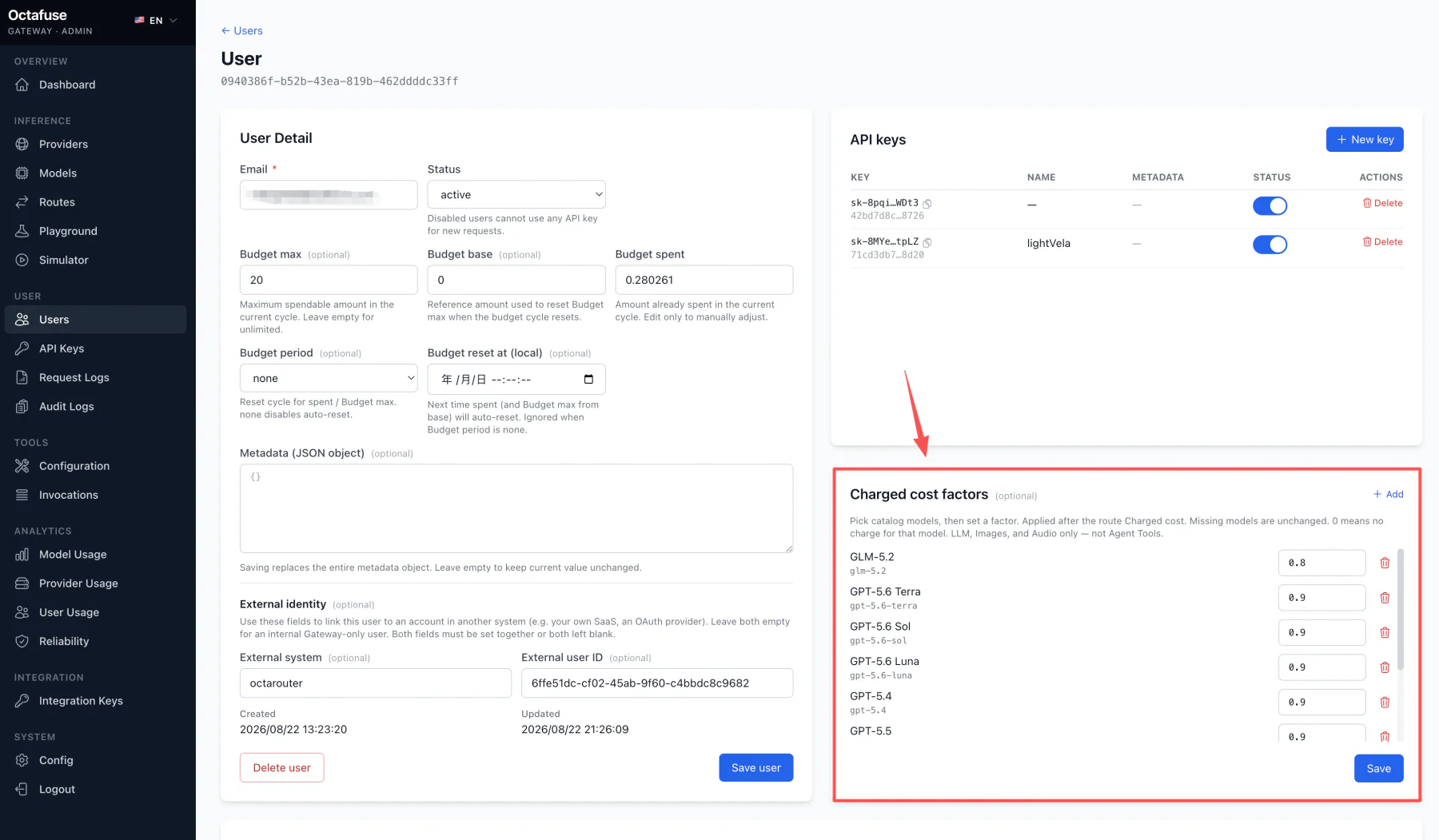 OctaFuse User Details showing budgets, API keys, external identity, and per-model Charged cost factors with the email redacted.